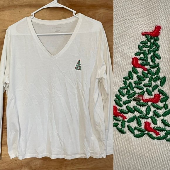 LL bean womans large long sleeve embroidered Christmas tree Cardinal T-shirt - Picture 1 of 8